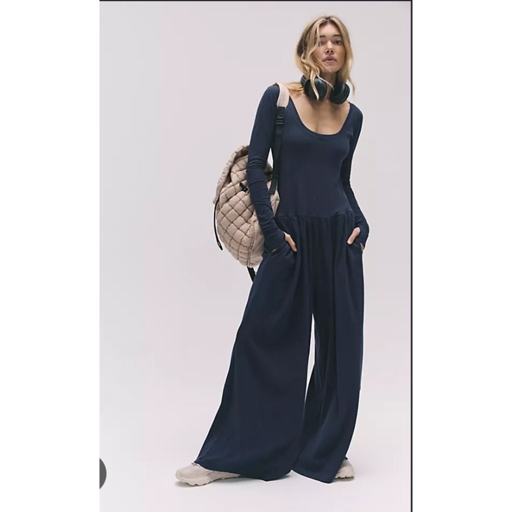 Free People FP Movement Hot Shot Long Sleeve Wide Leg Jumpsuit Midnight Navy M
